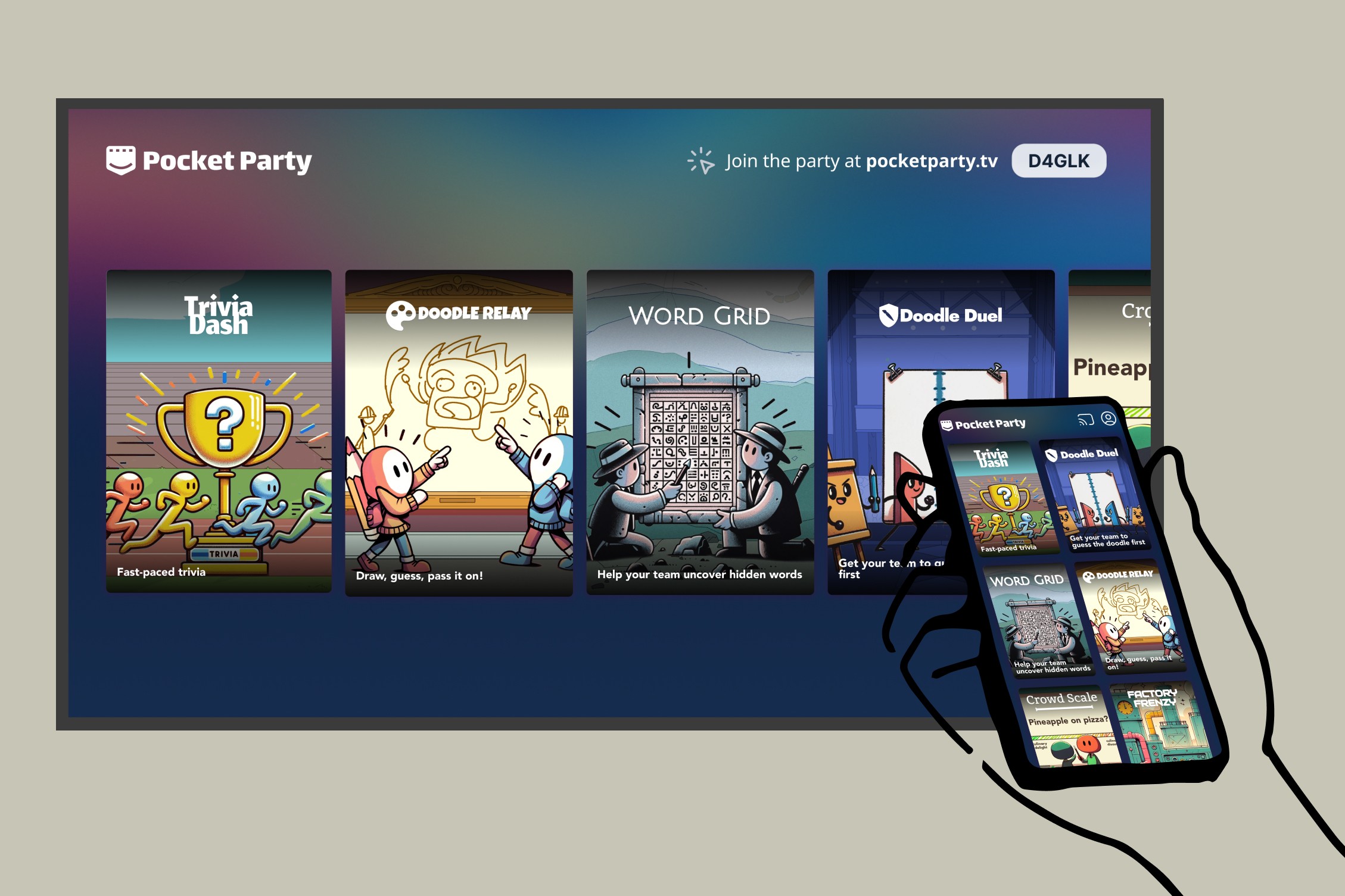Trivia Dash game running on a television with phones used as controllers