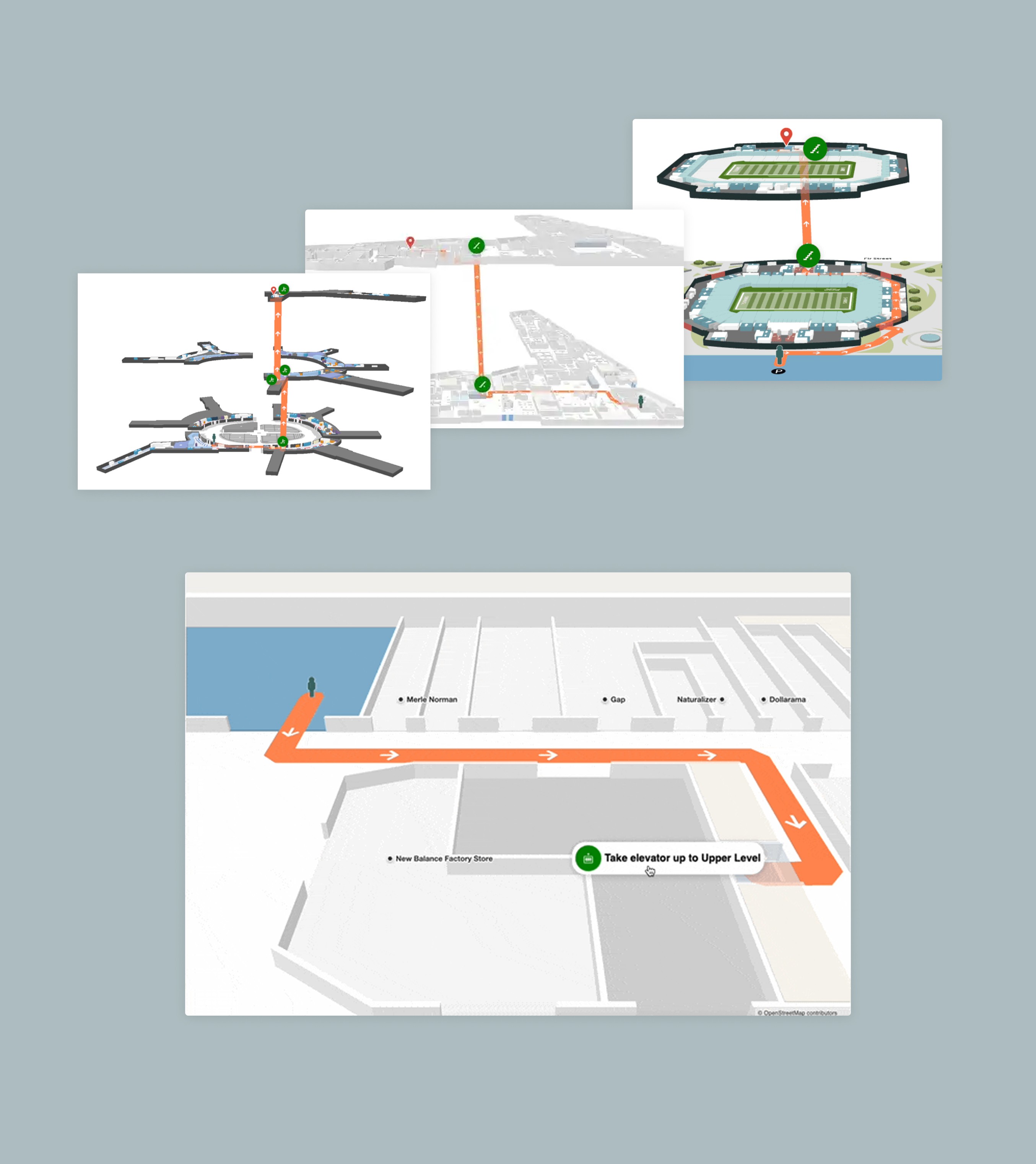 Stacked maps showing a route across multiple floors